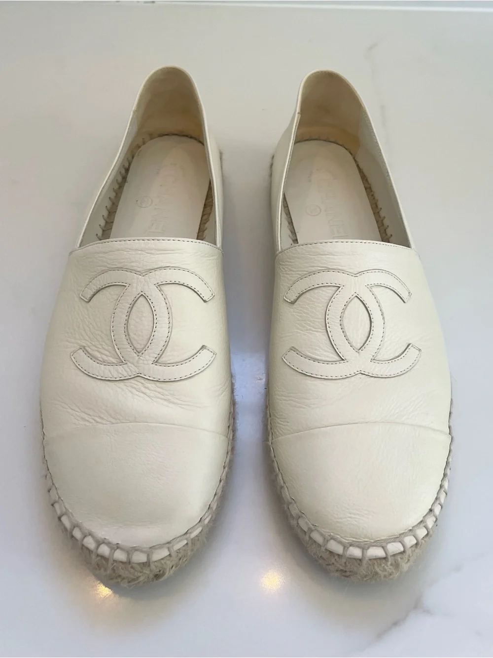 CHANEL Cream Lambskin Leather CC Espadrille Flats
